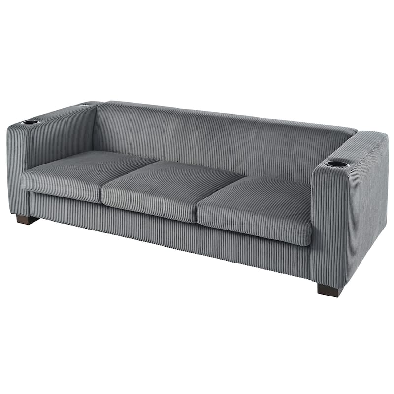 80″ Solid Wood 3-Seater Sofa with 2 USB Ports & Cup Holders