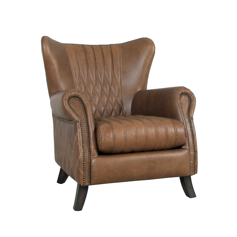 Pasargad Home Harrison Top Grain Leather Wing Chair, Brown - W31"xD27"xH33" - Brown