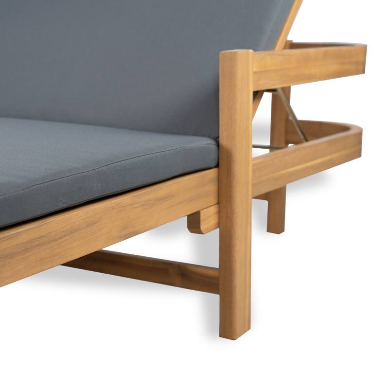 Roomfitters Outdoor Acacia Wood Chaise Lounge with Adjustable Backrest and Cushioned Seat for Patio or Poolside, Dark Gray