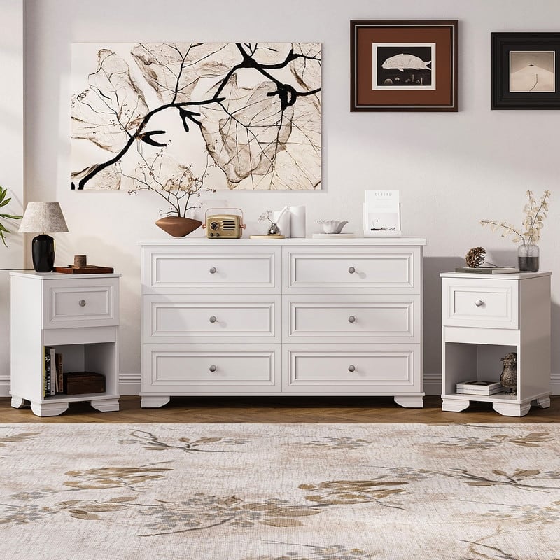 3-Piece/2-Piece Bedroom Set, 6-Drawer Dresser/Armoire 4-Drawer Dresser with Nightstand, Black/White - 3 Piece - White - Twin