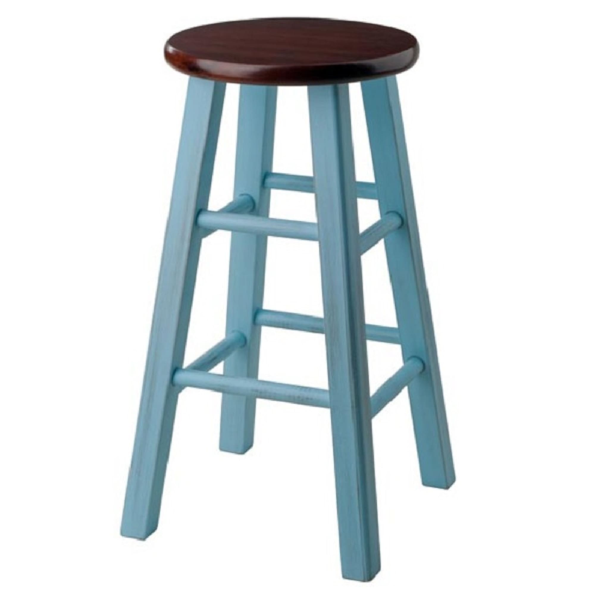 24 Rustic Light Blue Round Counter Stool with Walnut Seat