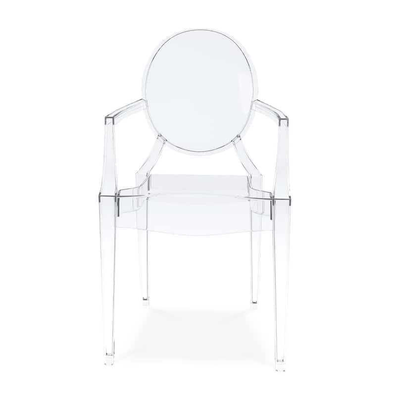 Contemporary Clear Arm Chair with Plastic Frame and King Louis Back for Dining or Accent Use - 36”H x 20”W x 19”D