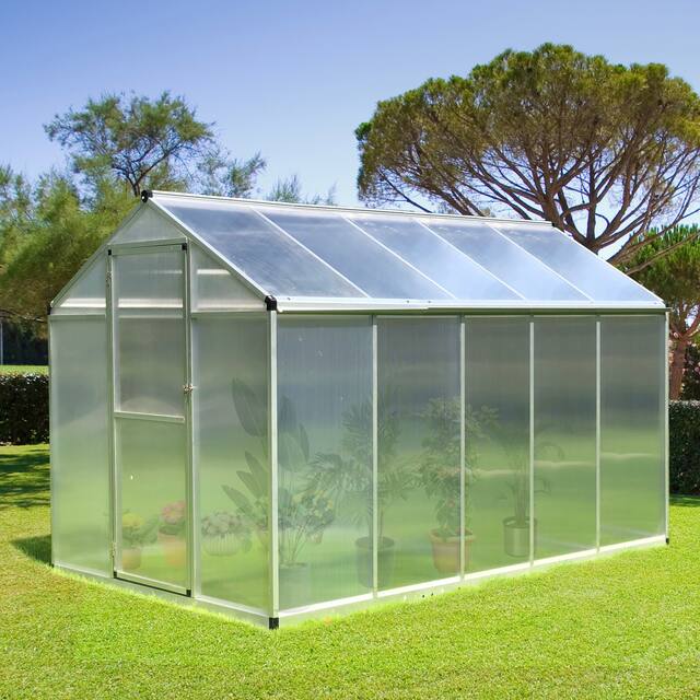 Outsunny 10' L x 6' W Walk-In Polycarbonate Greenhouse with Roof Vent for Ventilation & Rain Gutter, Hobby Greenhouse for Winter - Portable - Aluminum