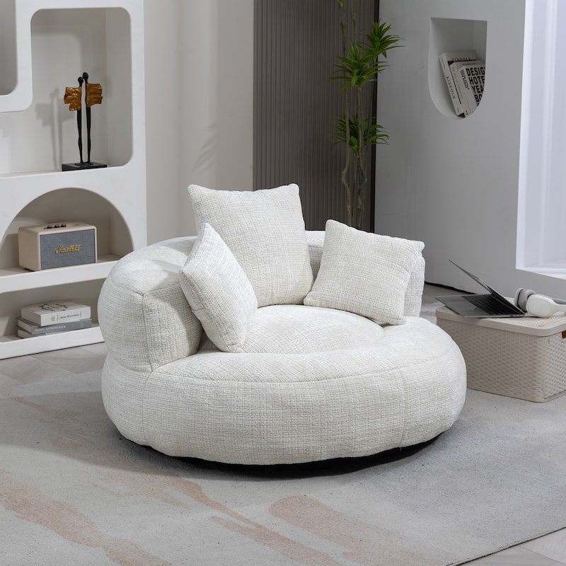 Chenille Oval Bean Bag Chair, Memory Foam Filling Lazy Sofa, Adults Lounge Chair with 3 Pillows & Semi-Wraparound Armrests