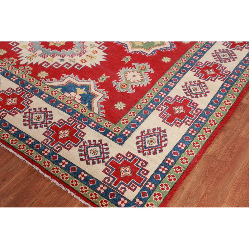 Hand Knotted Oriental 100% Wool Carpet Traditional Geometric Red Kazak Area Rug - 11' 0'' X 8' 2''