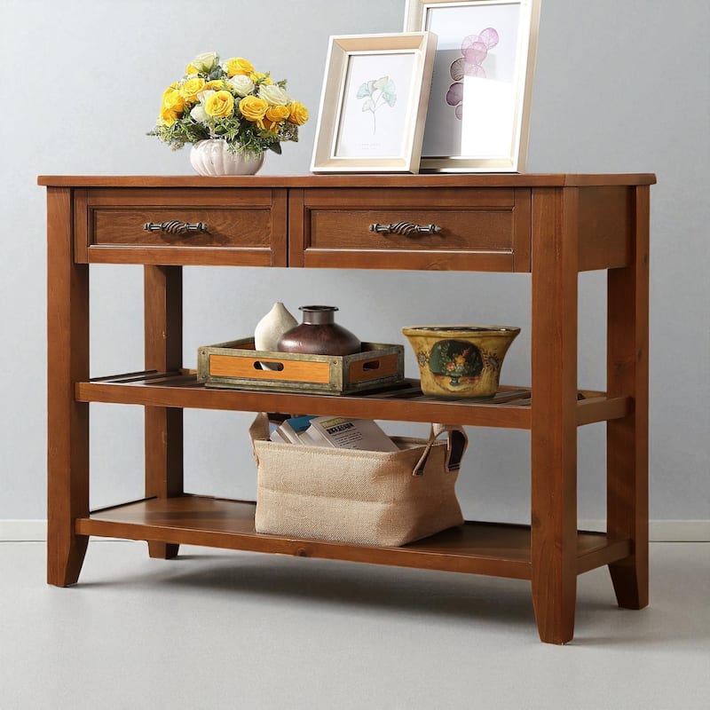 Mid-Century Console Sofa Table with Drawers and Shelves, 42 Inch Solid Wood Sideboard for Entryway and Hallway