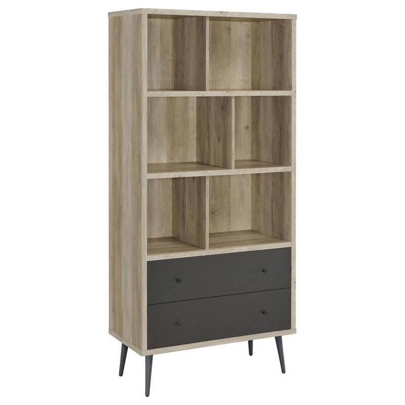 70 Inch Bookcase, 3 Shelves, Vertical Dividers, 2 Drawers, Brown, Gray
