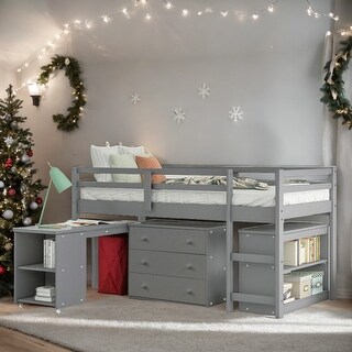 Contemporary Low Study Twin Loft Bed with Cabinet and Rolling Portable ...