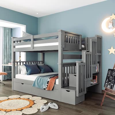 Full Over Full Bunk Bed with Stairs and 6 Storage Drawers, Wood Stairway Bedframe with 3 Shelves, Can be Divided into 2 Beds