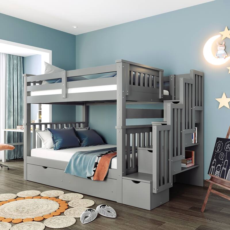Full over Full Wood Bunk Bed with Shelves, 6 Storage Drawers, and Staircase - Gray