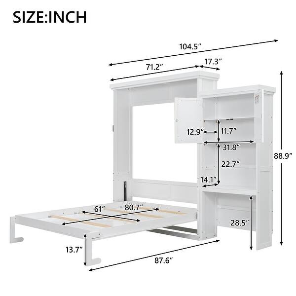 dimension image slide 0 of 2, Queen Size Murphy Bed Folding Hideaway Wall Bed w/ Storage Shelves