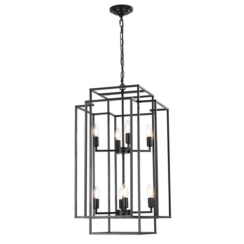18" Modern 8-Light Black Geometric Pendant Chandelier, Industrial Metal Frame, Adjustable Hanging Light for Living Room