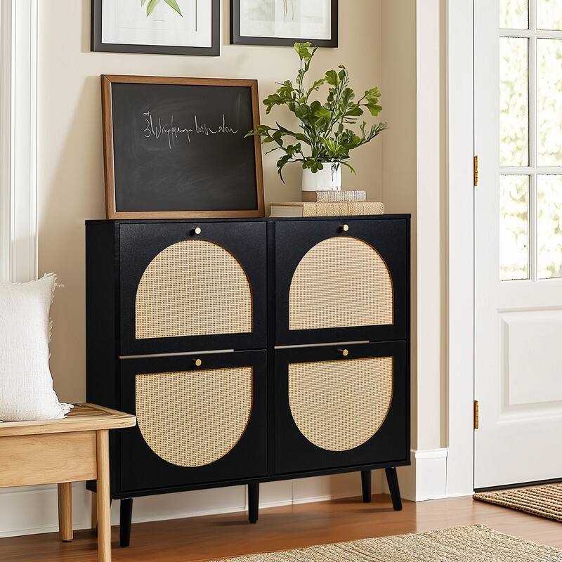 Rattan Shoe Cabinet with 2 / 4 Flip Drawers, Narrow Shoe Storage Cabinet,Organizer for Entryway, Bedroom, Living Room