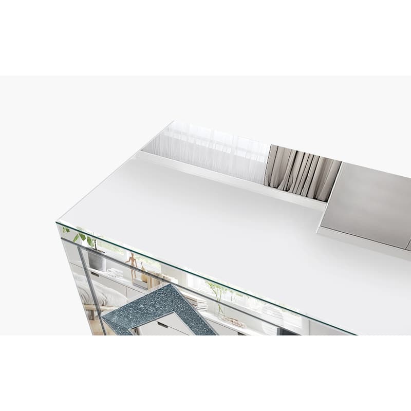 59" Mirrored TV Console, Silver Entertainment Stand with Diamond-Inlay Doors, Glass Finish, Open Shelves & Cabinets
