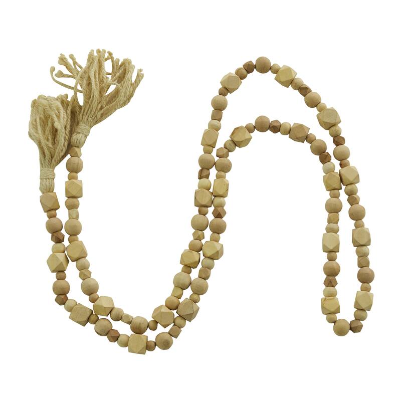 Mango Wood Handmade Hexagon Carved Geometric Long Beaded Garland with Tassel - Roche River Decor