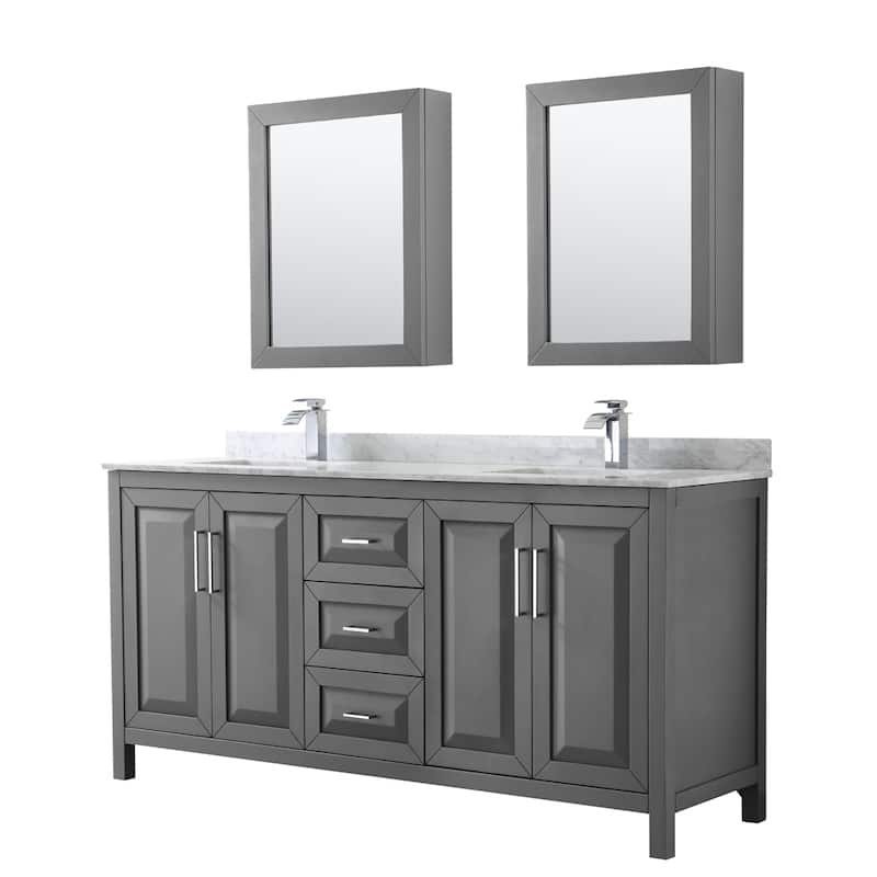 Daria 72-inch Double Vanity, Marble Top, Medicine Cabinets - Dark Gray, Chrome Trim, White Carrara Marble Top