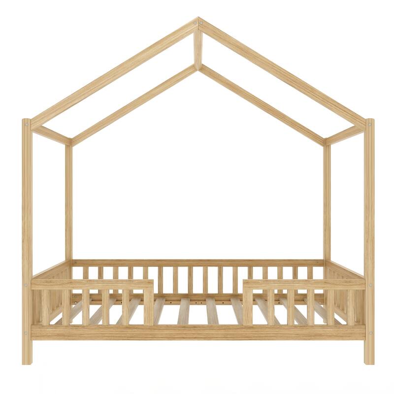 Twin Bed Frame for Kids, House Shape Toddler Bed Frame with High Railings, Wood Kids Bed with Roof