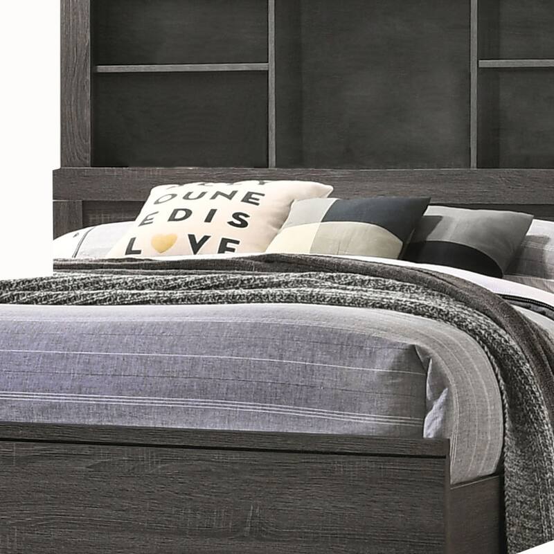 Wooden Queen Size Low Profile Size Bed with Bookcase Headboard, Gray