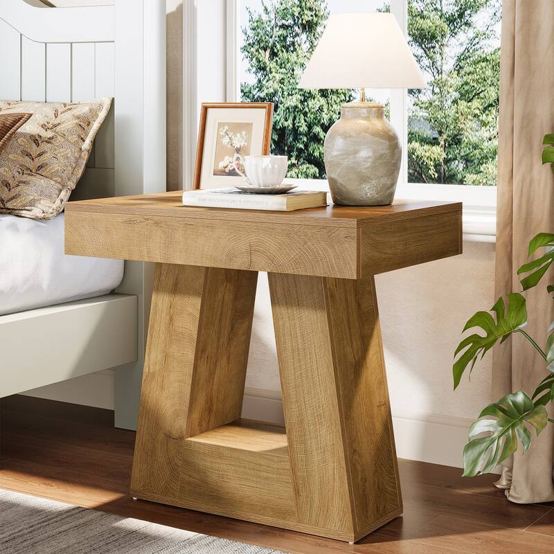 23.62" 2-Tier Modern Nightstand with Trapezoid Base - Brown-1 Pack