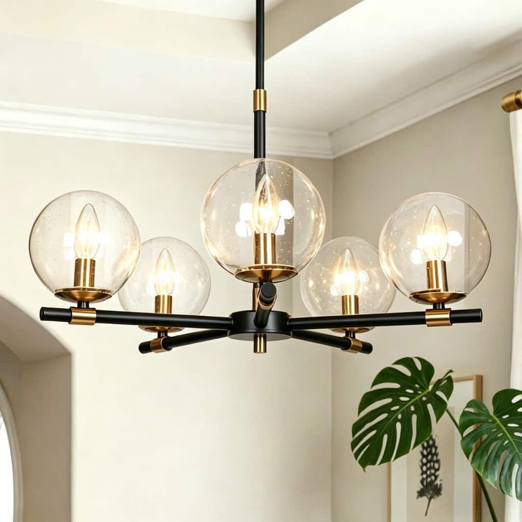 Modern 5-Light Black Gold Wheel Chandelier Globe Glass Pendant Lights for Dining Room - 22" D x 14" H