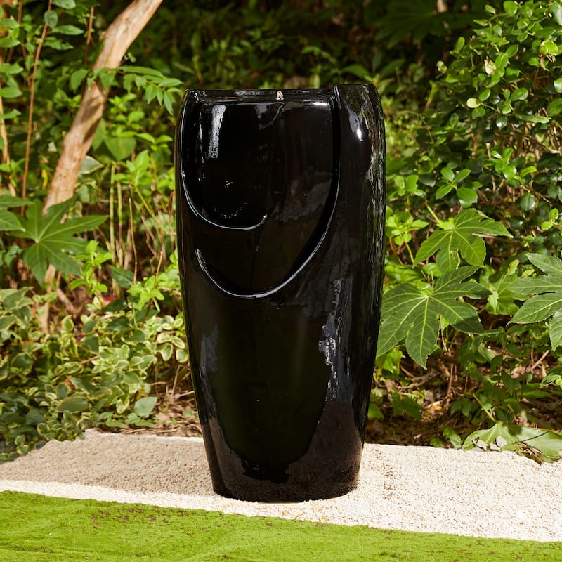Glitzhome Oversized LED Lighted Ceramic Pot Floor Fountains for Outdoor Garden