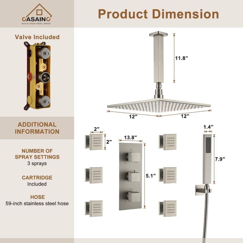 Celling 12 inch LED 3 Function Thermostatic Shower System with 6 Body Jets