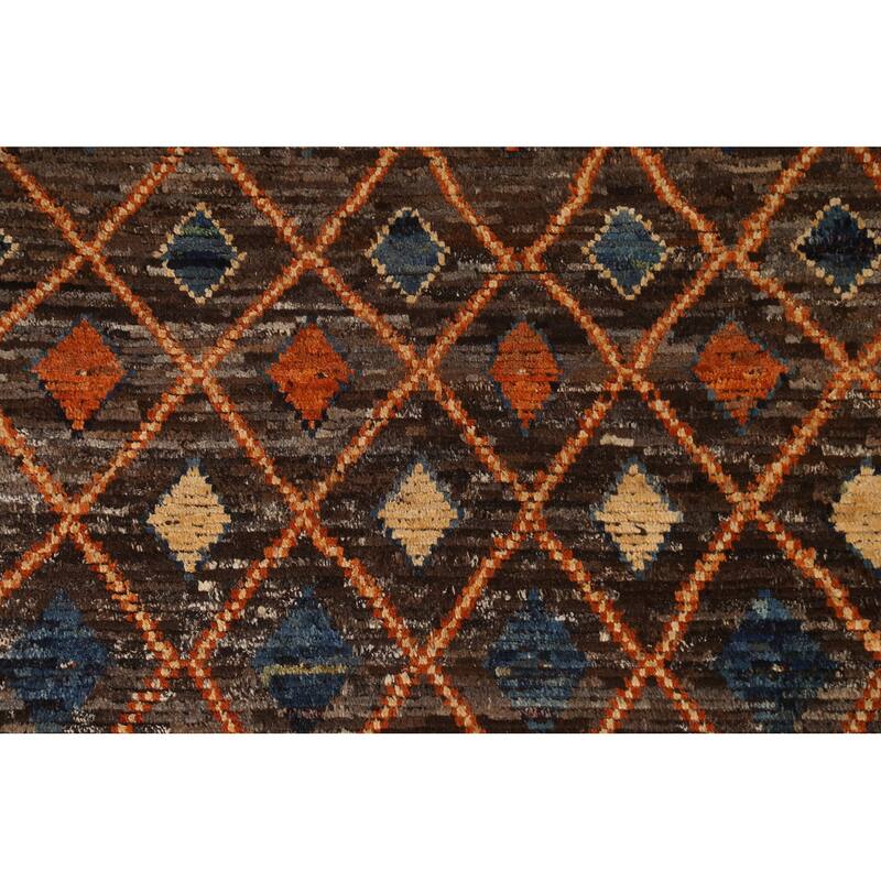Hand Knotted Oriental 100% Wool Carpet Modern Tribal Brown Moroccan Area Rug - 9' 9'' X 6' 9''