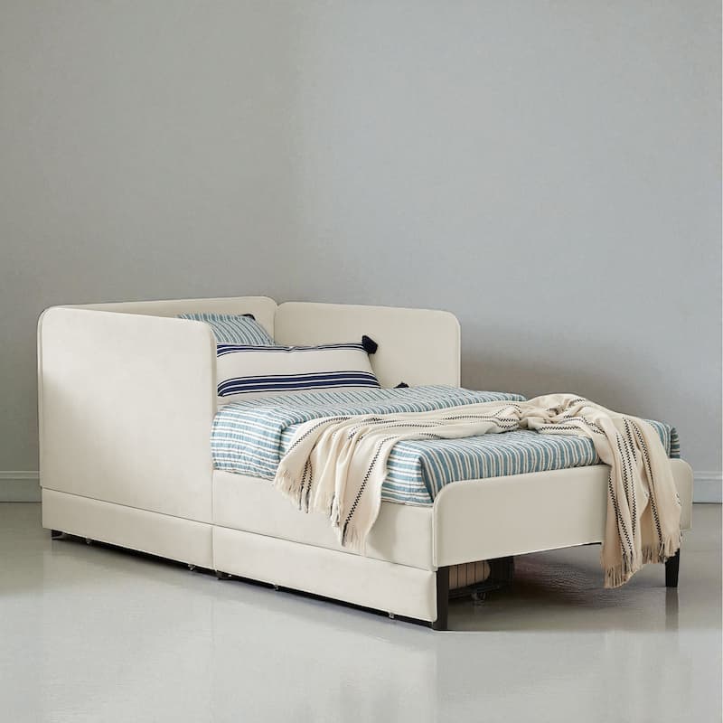 Twin Size Upholstered Platform Sofa Bed with Velvet Cushions and 2 Storage Drawers, Convertible Daybed Frame - Beige - Twin