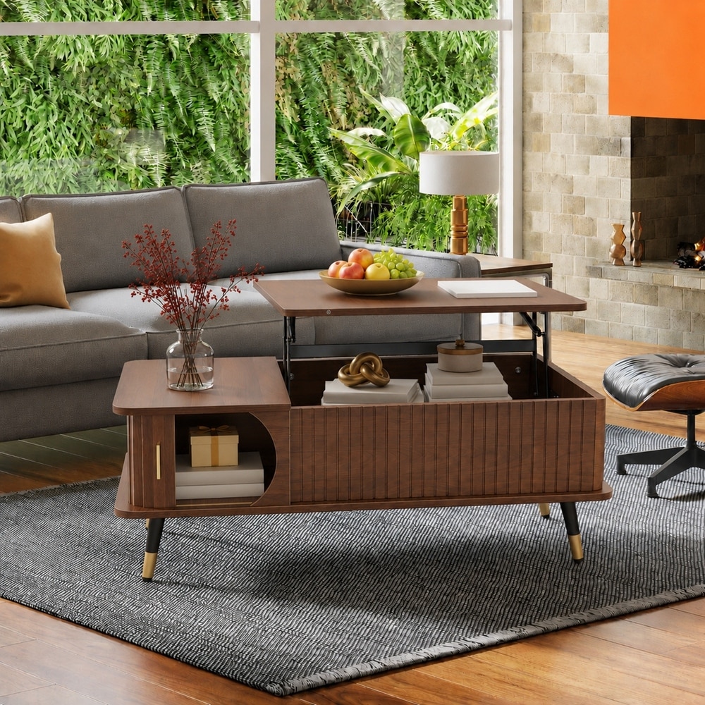 Wood Lift Top Coffee Table with Hidden Compartment and Large Storage Shelf