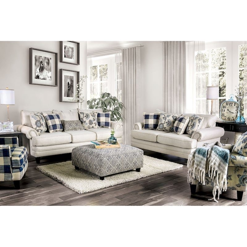 2 Piece Linen-like Fabric and Wood Sofa Set in Ivory Finish
