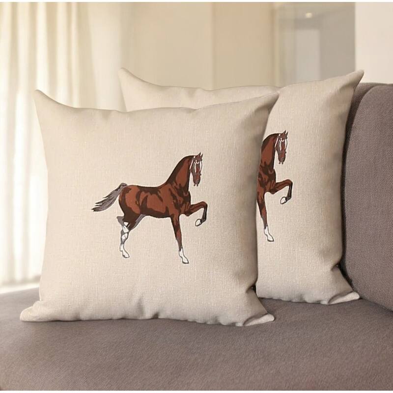 Set Of Two 18" X 18" Beige And Brown Horse Polyester Zippered Pillow With Embroidery - Beige