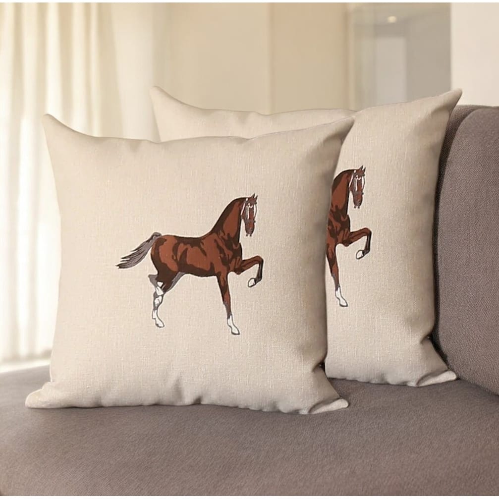 Set Of Two 18" X 18" Beige And Brown Horse Polyester Zippered Pillow With Embroidery