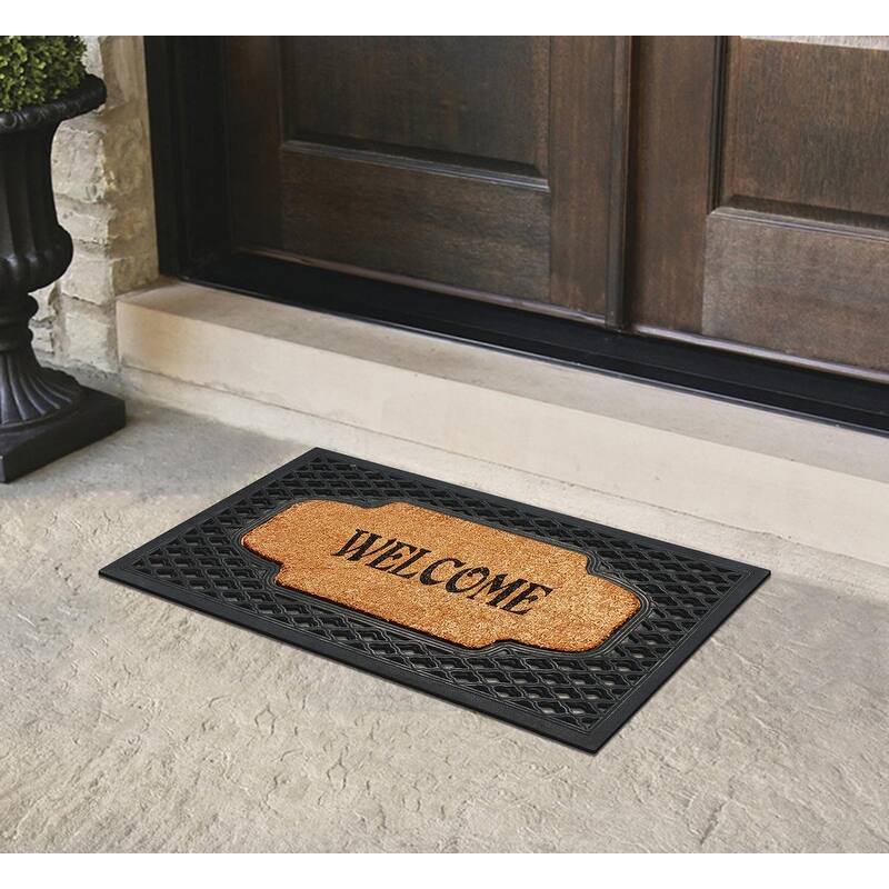 A1HC Welcome Mesh Border Rubber and Coir Large Heavy-Duty Outdoor Doormat, Black - 23"X38"