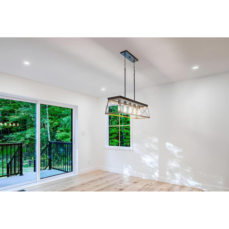 5-Light Antique Bronze Linear Kitchen Light Farmhouse Chandelier with Wood Open Frame - Brown