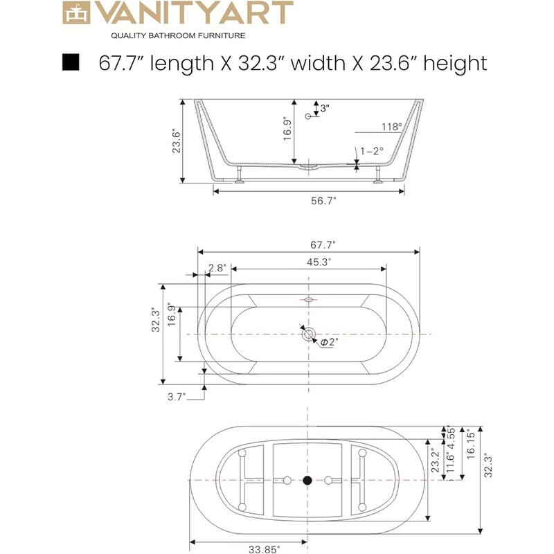 Vanity Art 67.7 Inch Freestanding Acrylic Bathtub Stand Alone Soaking Tub with Polished Chrome Round Overflow & Pop-up Drain