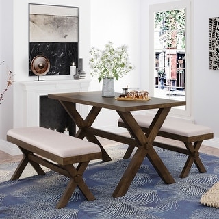 3 Pieces Farmhouse Rustic Wood Kitchen Dining Table Set with 2 Benches ...