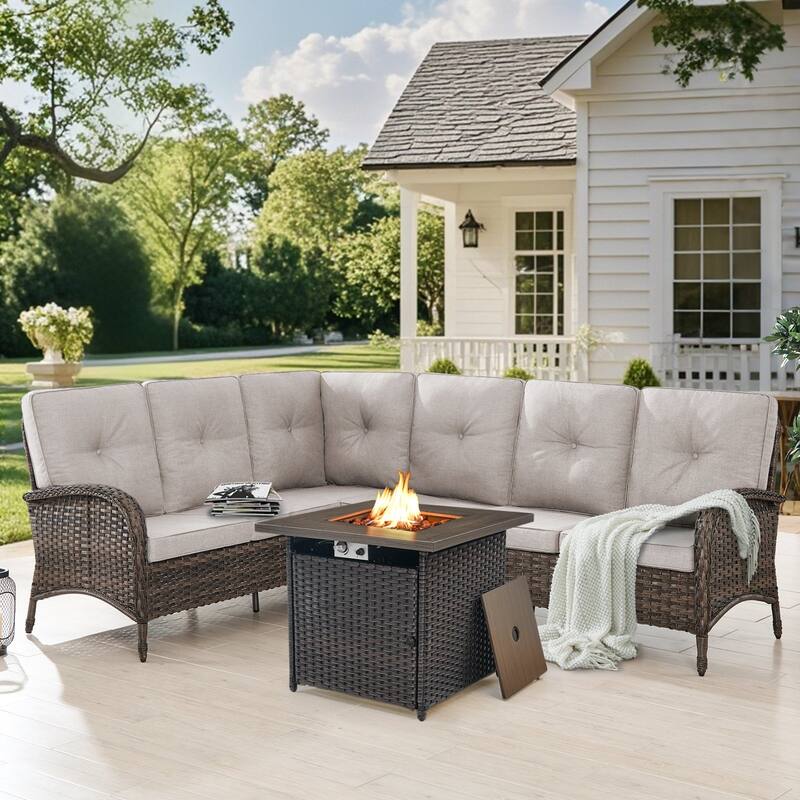 Gymojoy L-Shaped Outdoor Sectional Sofa Set with Propane Fire Pit Table - Beige - 2-Piece