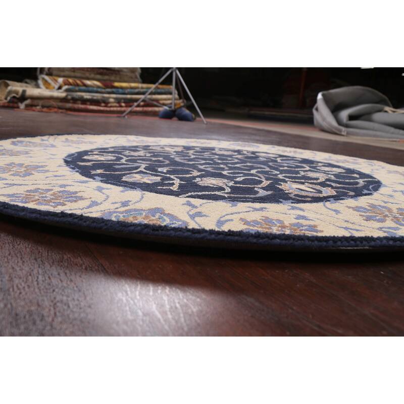 Floral Traditional Oriental Office Area Rug Hand-tufted Wool Carpet - 6'0" x 6'0" Round
