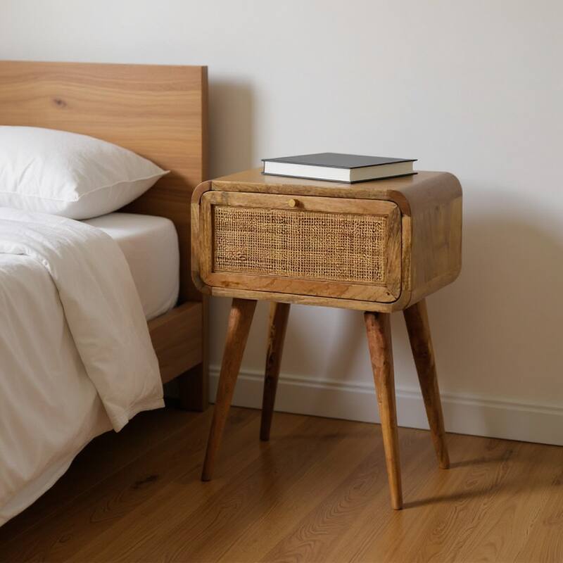 HomeRoots 21" Natural Solid Wood Cane Rattan One Drawer Nightstand - Natural - 1-drawer