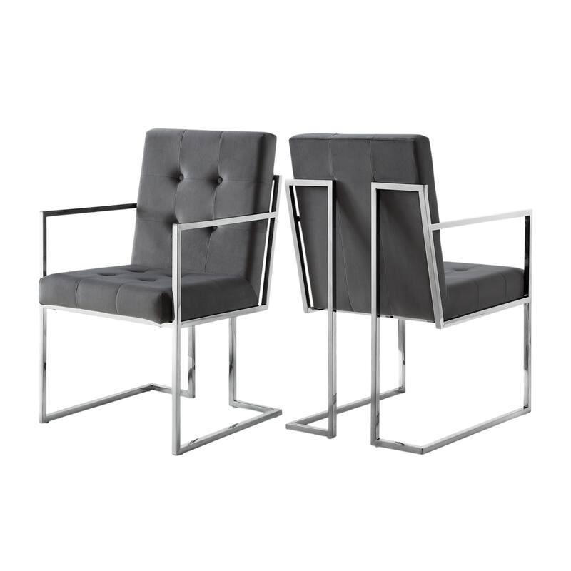 HomeRoots Set of Two Tufted Gray and Silver Metallic Upholstered Velvet Dining Arm Chairs