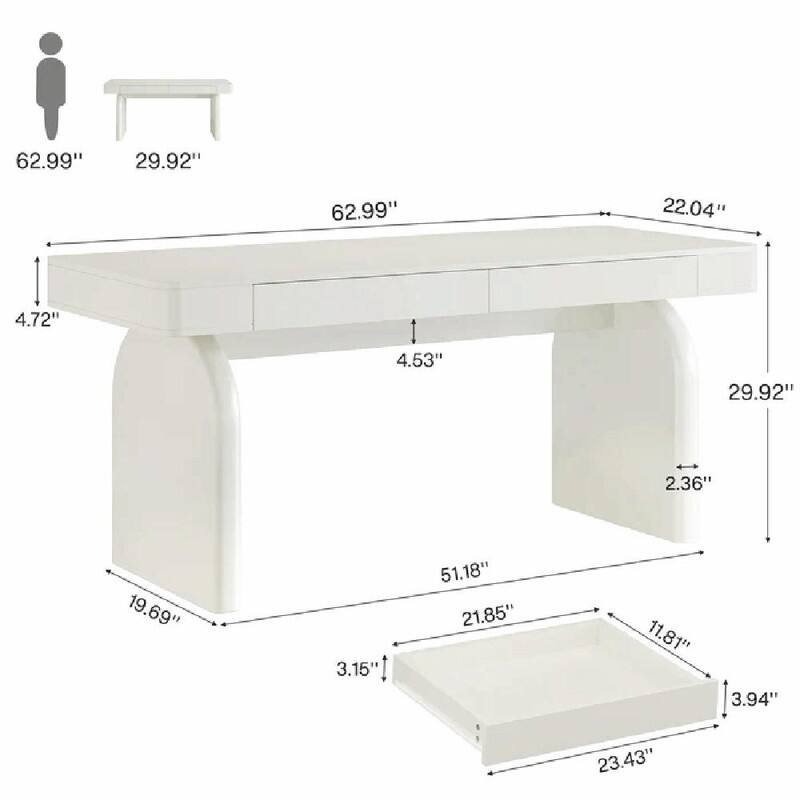 63" Modern White Office Desk with 2 Drawers and Sturdy U-Shaped Legs