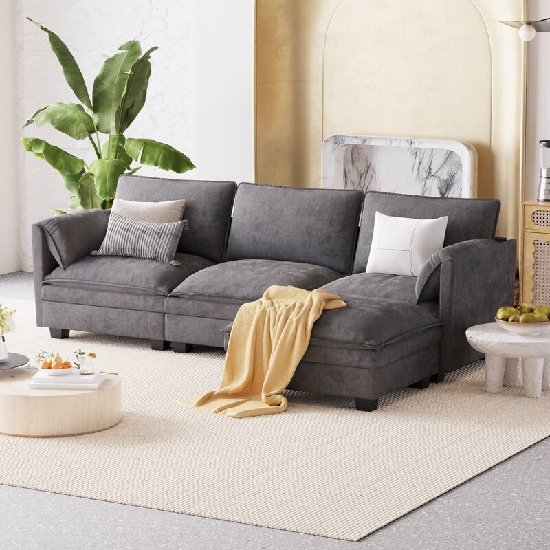 L-Shaped Sectional Sofa with Movable Ottoman, Fabric Upholstered 3 Seater Sofa, Deep Seat Sofa with Side Pockets
