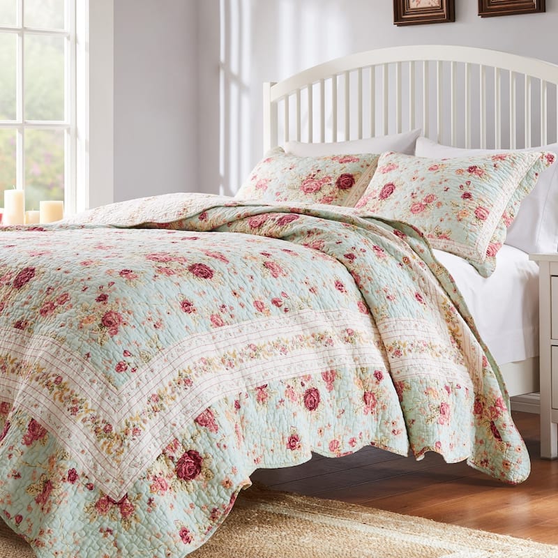 Greenland Home Fashions Antique Rose All-Cotton Reversible Quilt Set - Blue (3-Piece Set) - Full - Queen