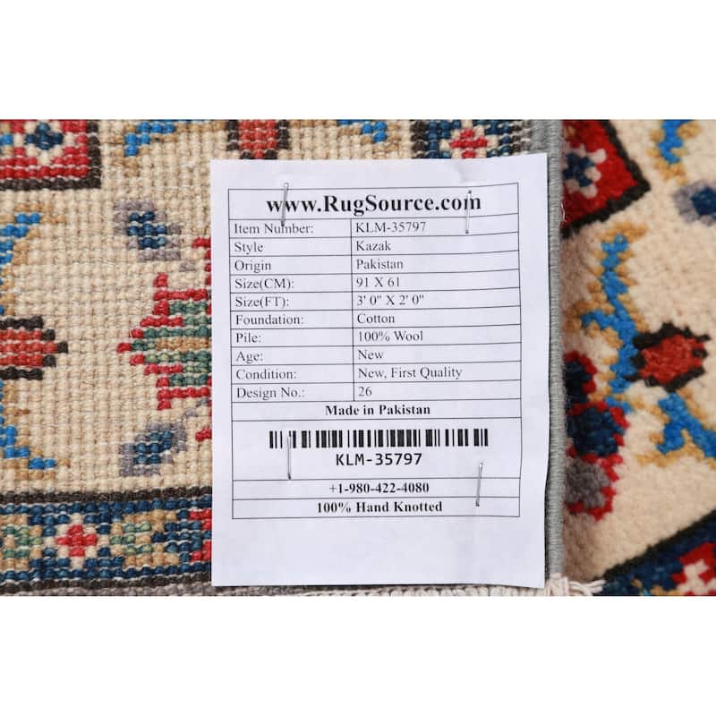 Traditional Gray Kazak Oriental Foyer Rug Hand-Knotted Wool Carpet - 2'0"x 3'0"