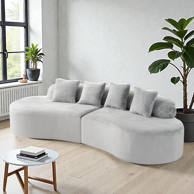 Modern Curved Flannelette Sofa, Simple Multi Seater Couch with Pillows for Living Room Lounge Space - Light Grey