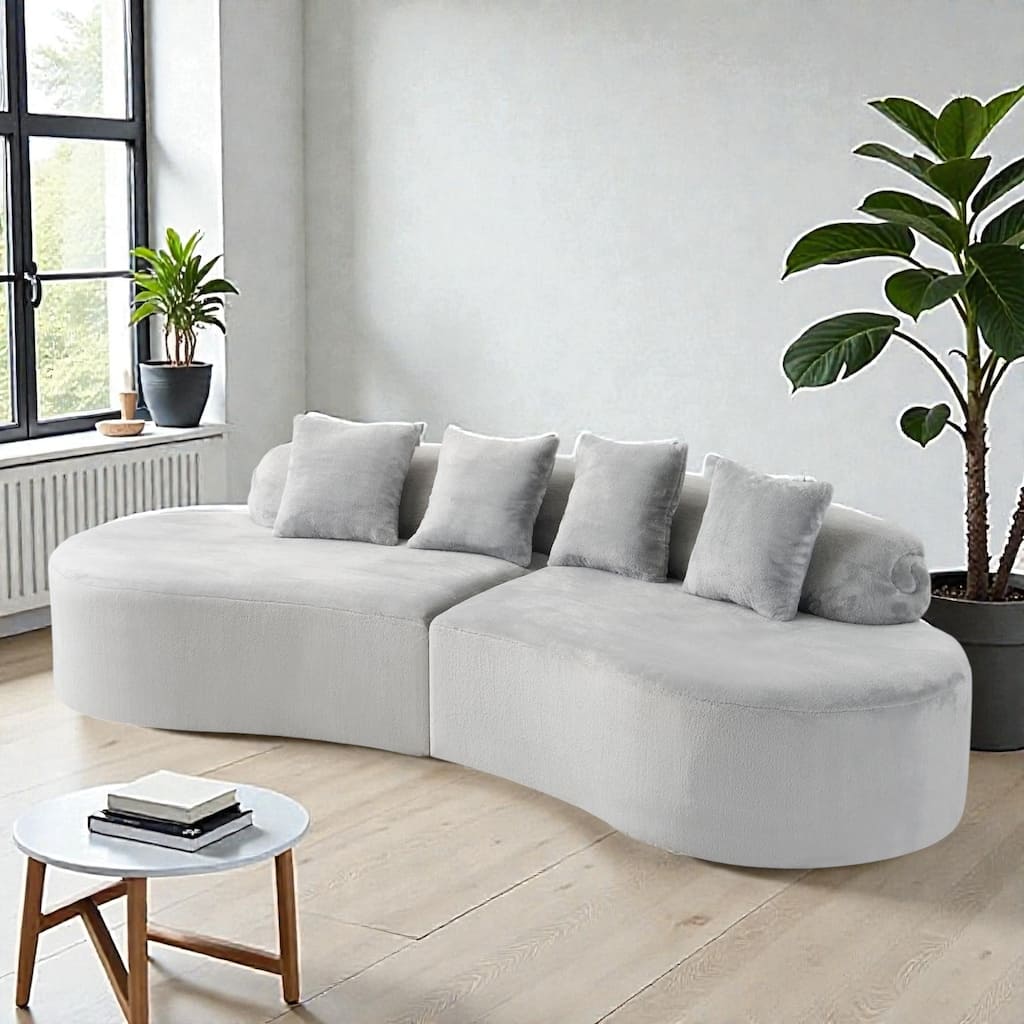 Modern Curved Flannelette Sofa, Simple Multi Seater Couch with Pillows for Living Room Lounge Space