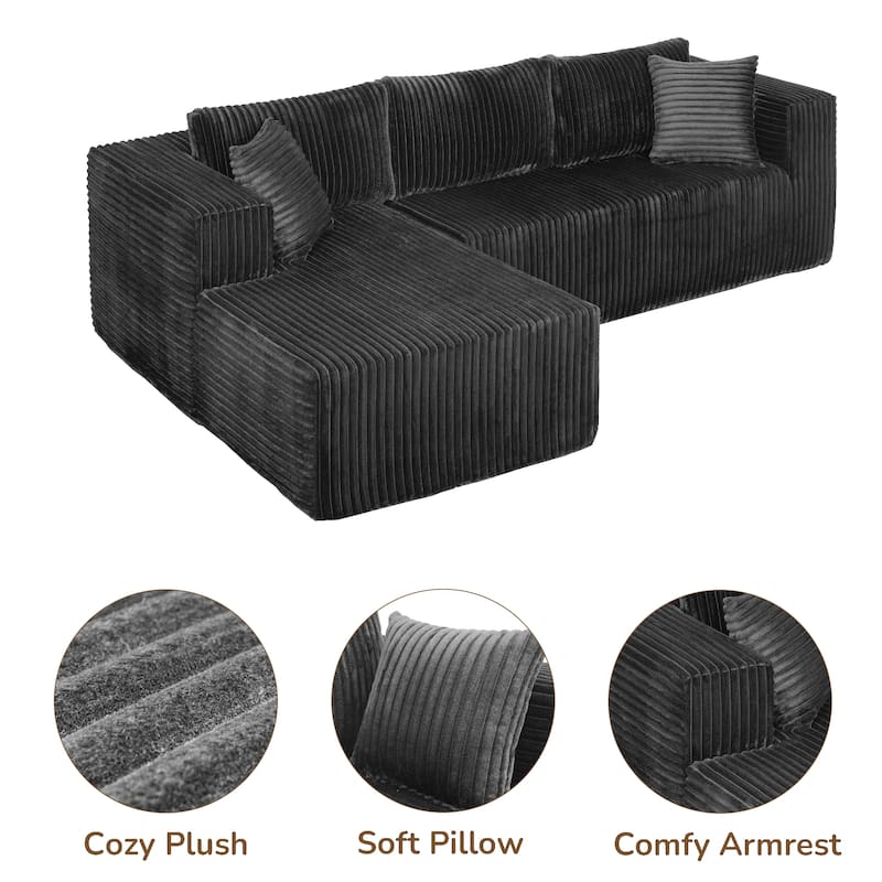105" L-Shaped Sofa, Black, Foam, 6 Pillows, Vacuum-Packed, Space-Saving (Right Chaise)