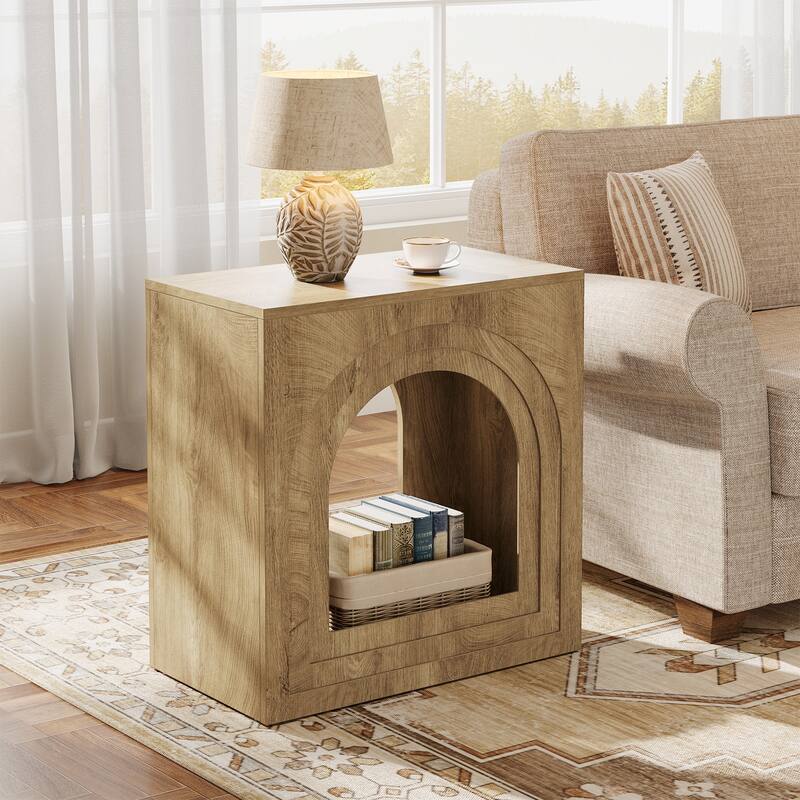 Square End Table, 2-Tier Farmhouse Side Table with Arched Open Shelf