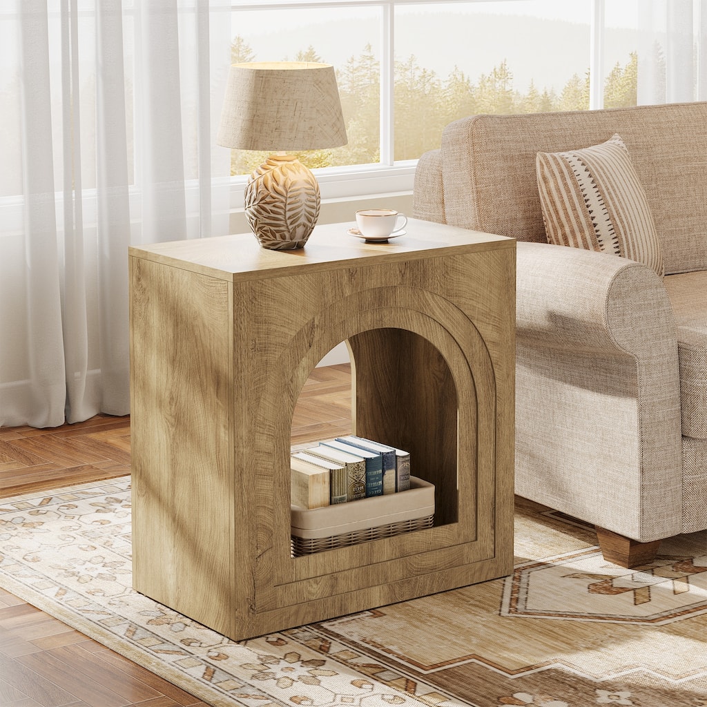 Square Farmhouse End Table, 2-Tier Side Table with Arched Open Shelf