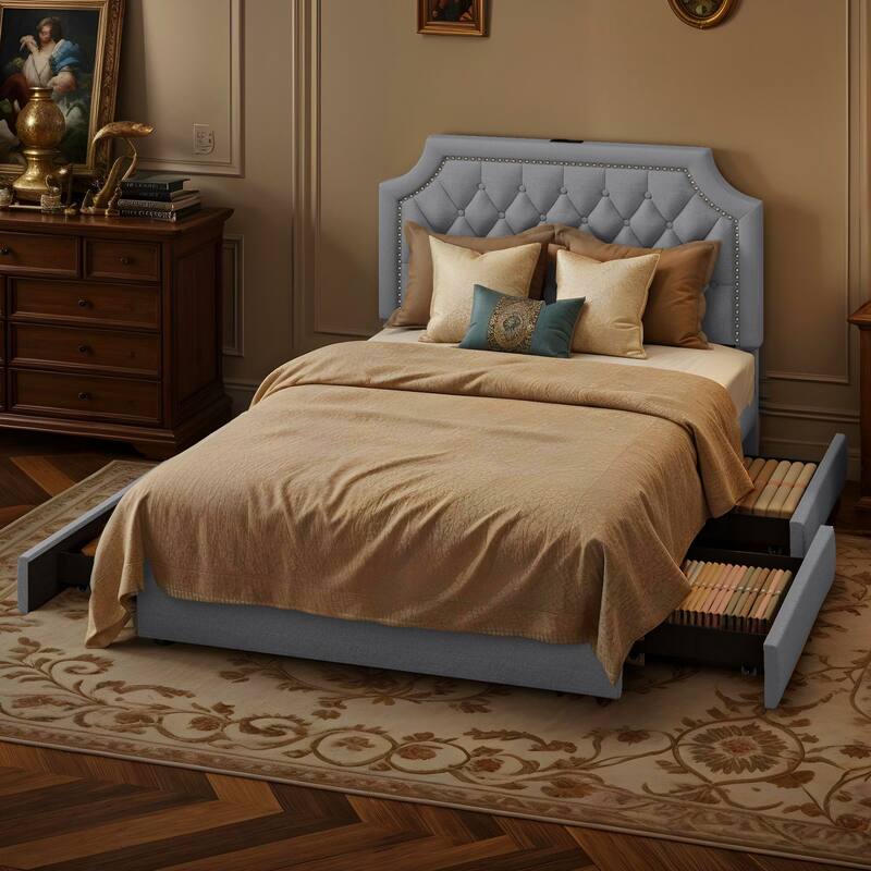 Moasis Velvet/Linen Upholstered Bedframe with Adjustable Headboard and 4 Storage Drawers